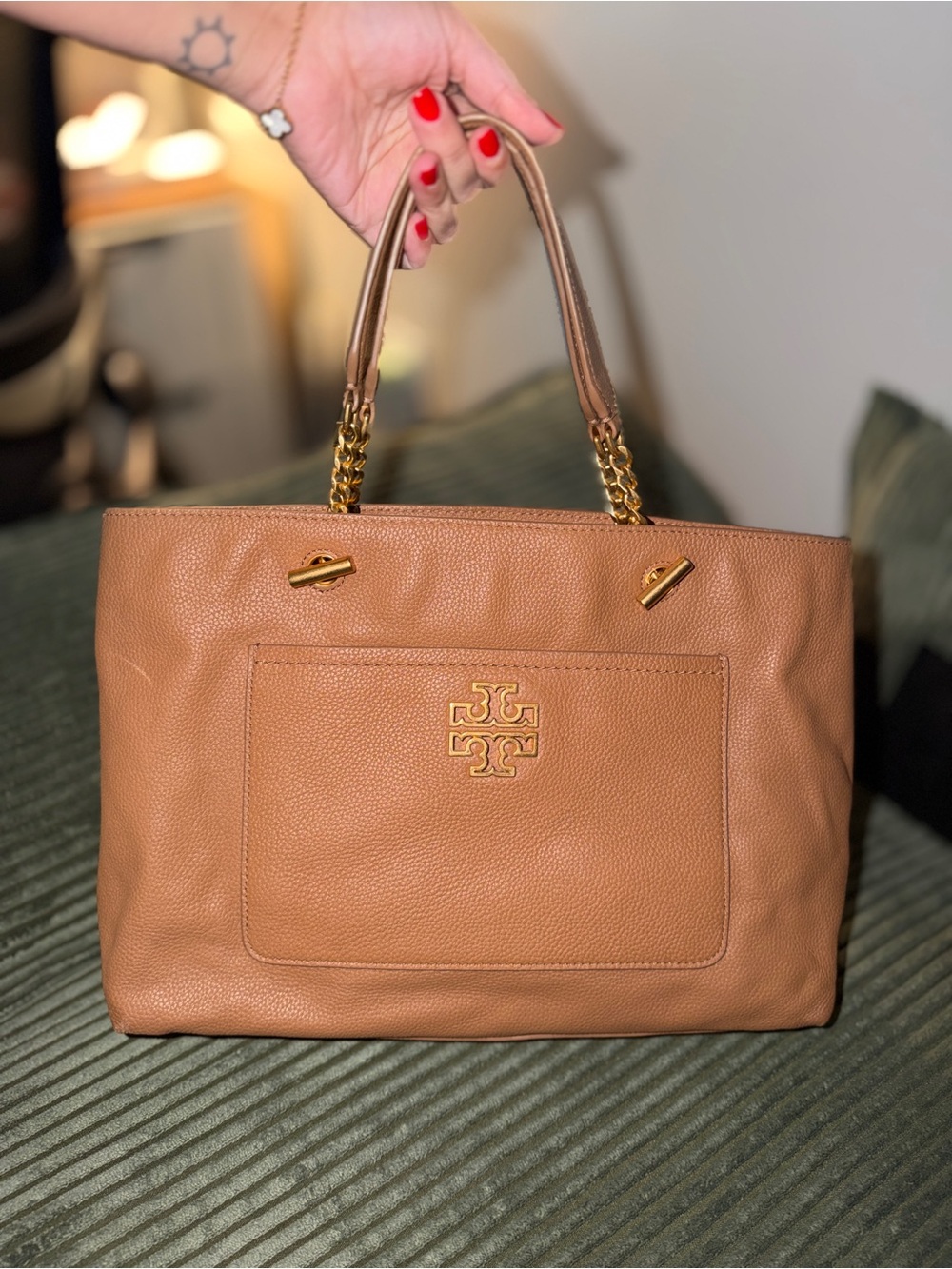 Tory Burch Camel Tan Leather Tote with Gold Chain Accents